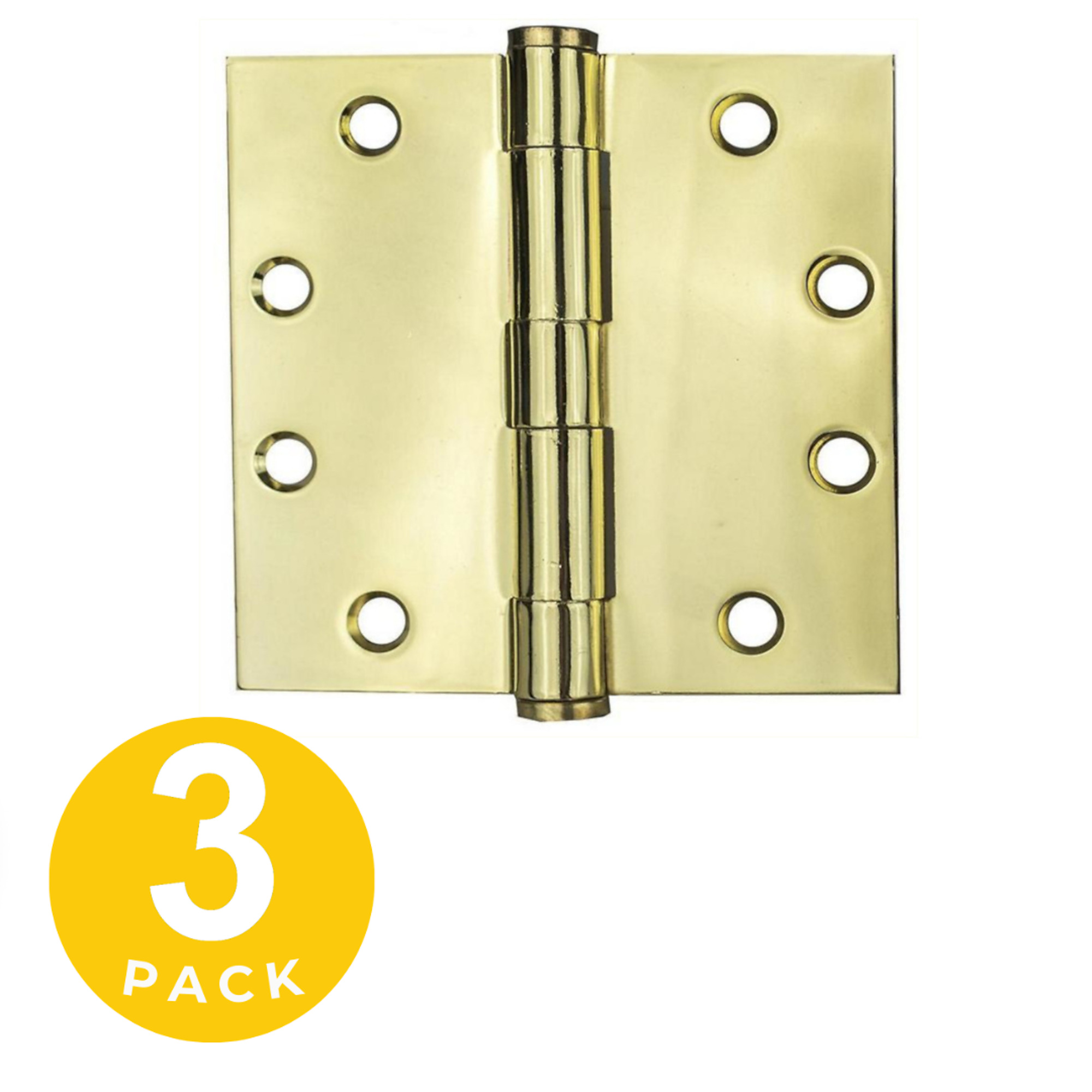 Global Door Controls, 4.5 in. x 4.5 in. Bright Brass Full Mortise Squared Plain Bearing Hinge with Removable Pin - Set of 3, #CP4545-US3-M